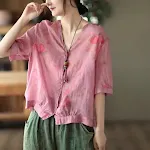 Women's V-neck Single Breasted Plus Size Slimming Artistic Stitching Casual Printed Ramie Shirt — photo 11