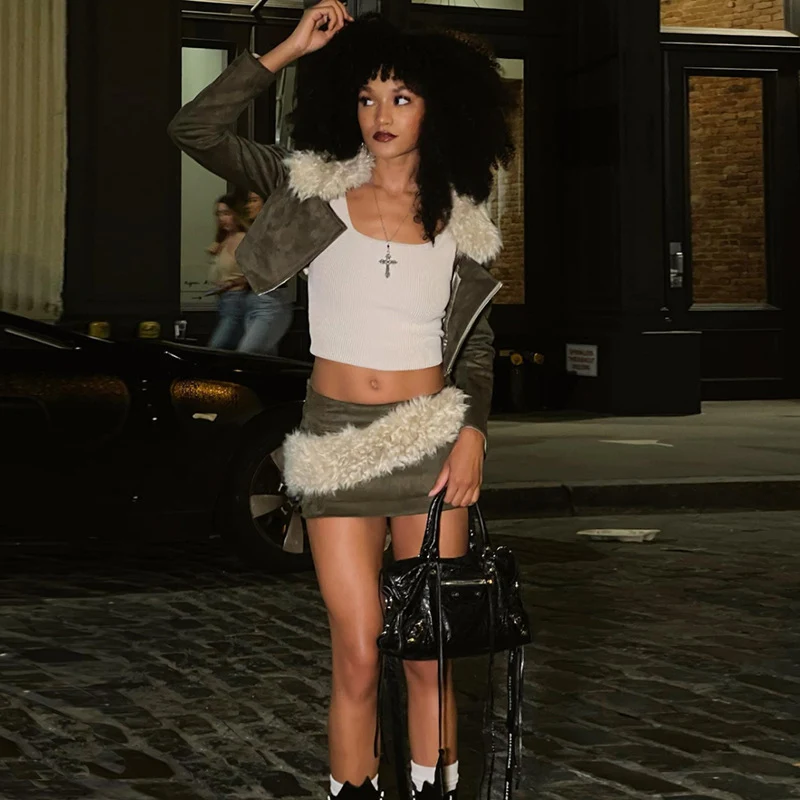 Traje feminino com zíper e gola de pele para fotos de rua, ideal para looks fashion, aquecimento e estilo, perfeito para suas fotos. — foto 3