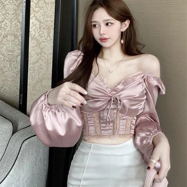 Title 5, French Lace Shirt Womens Satin Niche Short Lon...