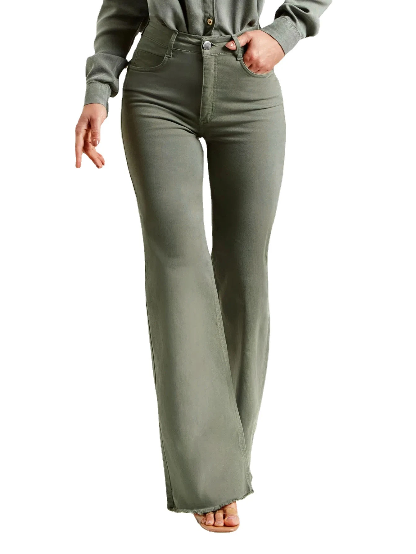 Slim fit stretch flared broek met rafels, effen kleur voor dames, modieus en comfortabel, perfect voor een stijlvolle look. — foto 10