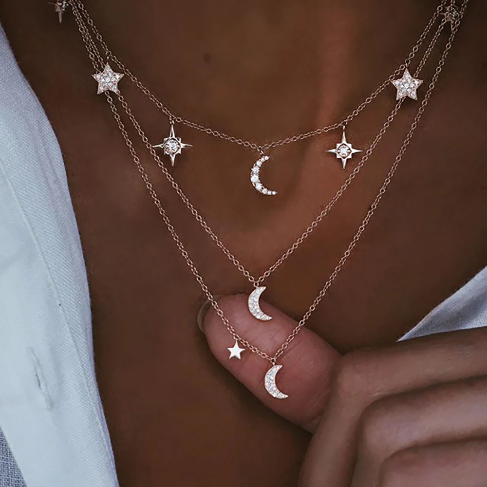 Colar com pingente multicamadas de estrela e lua de cristal, acessório charmoso e delicado para complementar seu visual. — foto 6