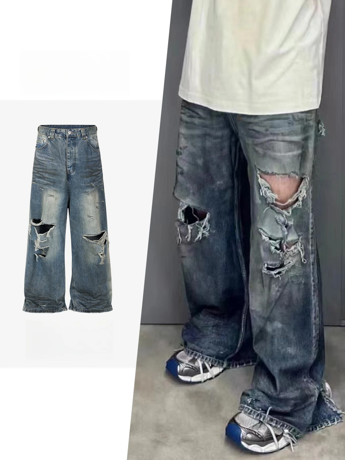 Ripped Big Men's Retro Washed Distressed Crease Texture Jeans. Perfect for a stylish, vintage look with a comfortable, w — photo 3