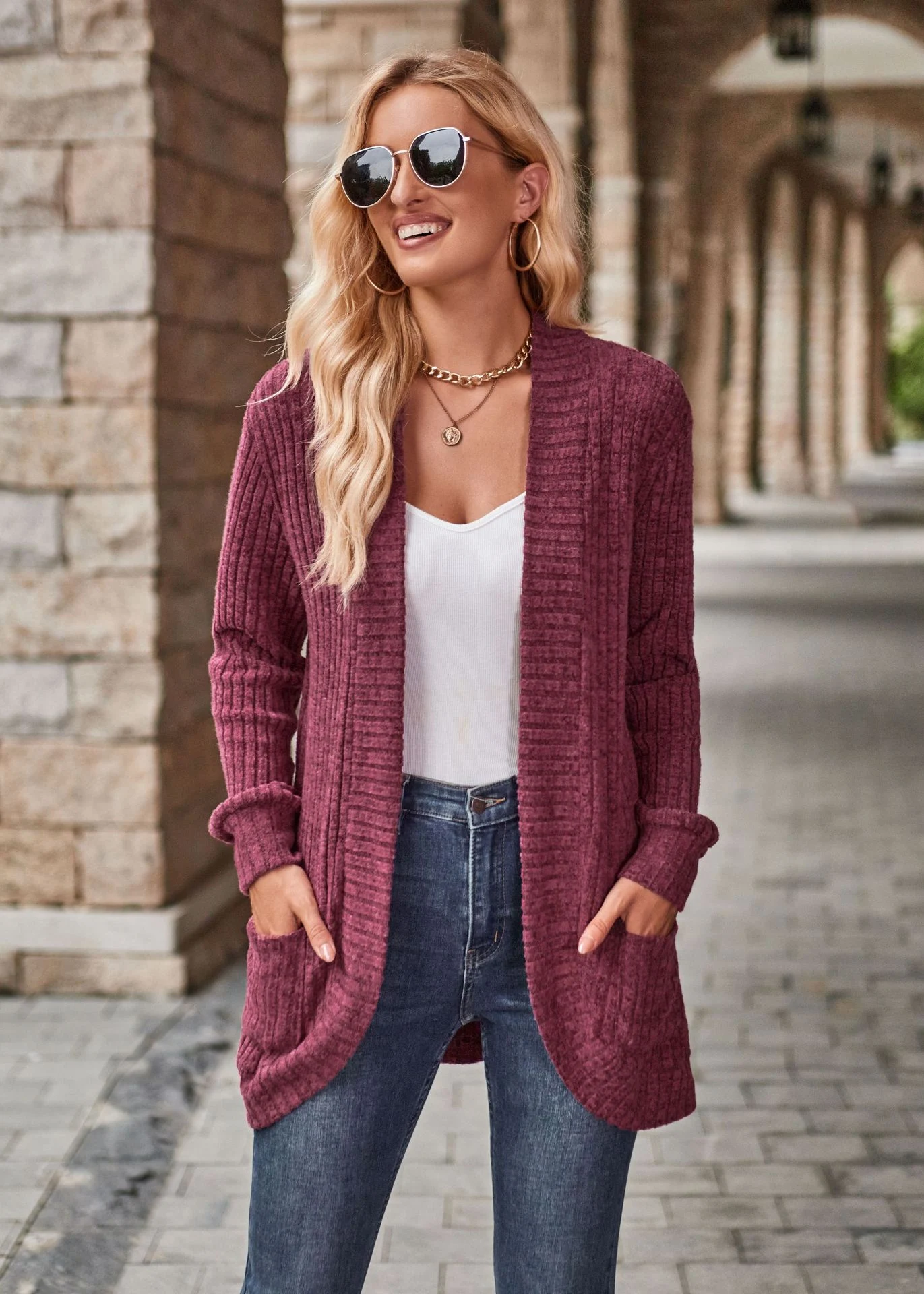 Solid Color Rib Fabric Sanding Casual Patchwork Long Sleeve Cardigan Jacket for relaxed style and all-day comfort. — photo 9