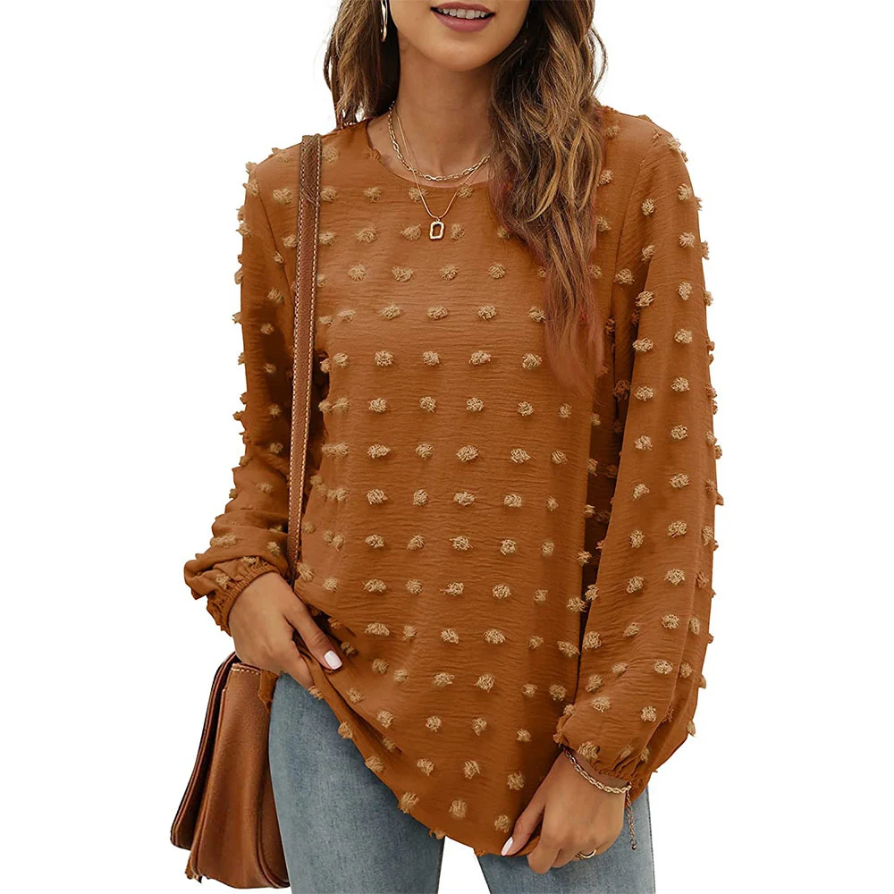 Loose Jacquard Long Sleeve Crew Neck T-shirt Top — photo 13