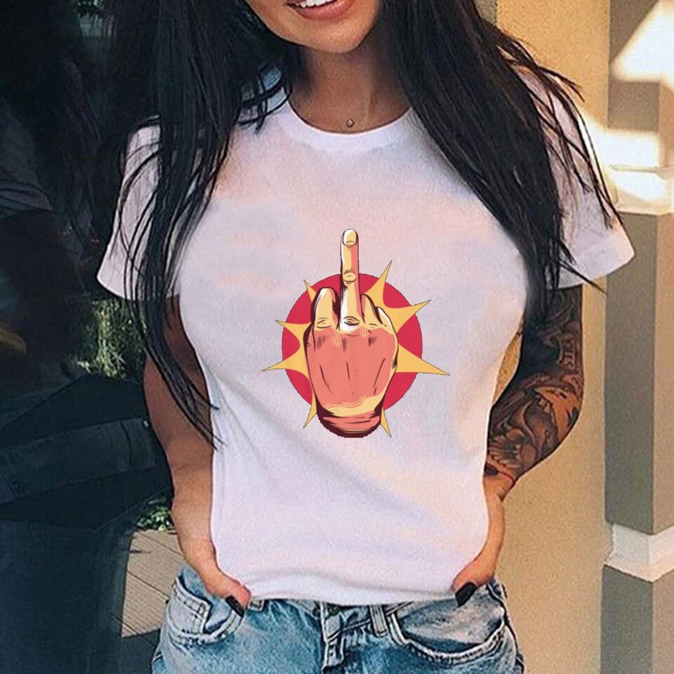 Camiseta feminina solta casual com estampa de dedo médio vertical personalizada — foto 6