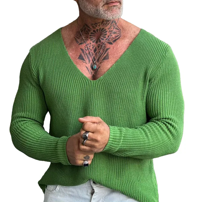 Camiseta masculina de malha com decote em V profundo, manga longa, modelagem slim, cor sólida, ideal para outono e inverno, perfeita como base — foto 2