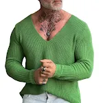 Camiseta masculina de malha com decote em V profundo, manga longa, modelagem slim, cor sólida, ideal para outono e inverno, perfeita como base — foto 2
