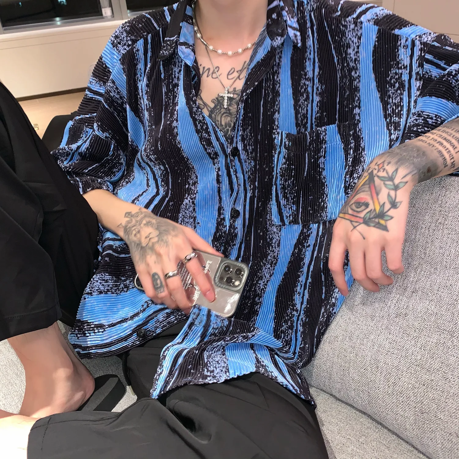 Korean Version Of Wavy Drape Shirt Ink Tie-Dyed Lazy Wind Shirt Men's Short Sleeves — photo 5