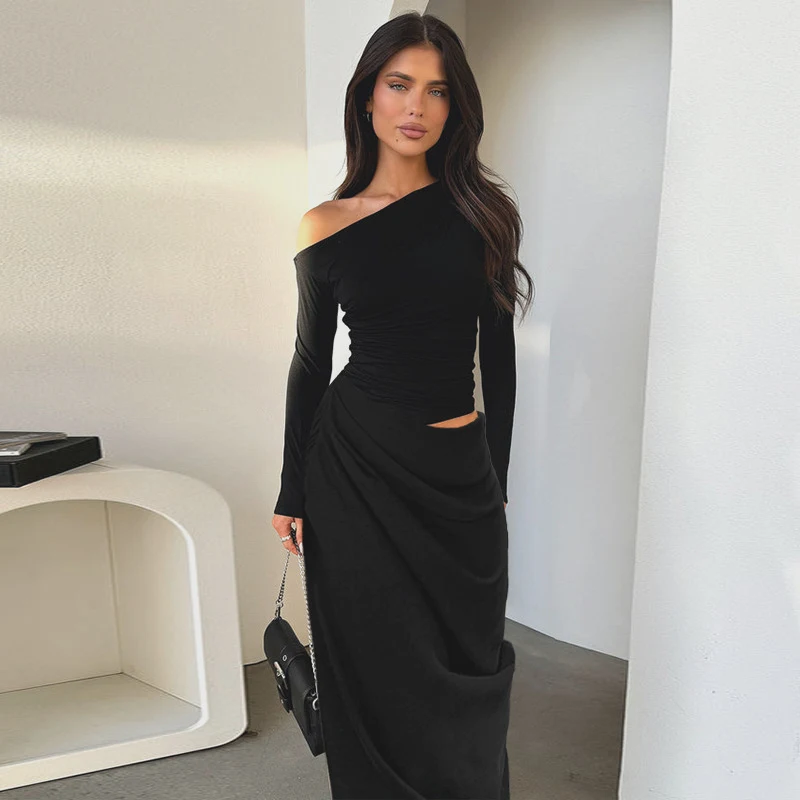 Title 8, Slim-fit Slant Shoulder Hollow-out Pleated Dres...