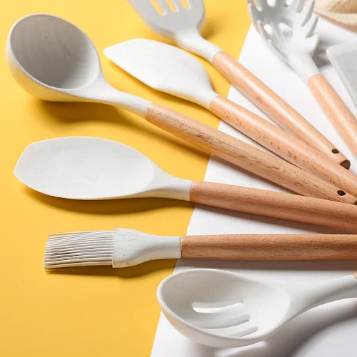 Title 6, Marbled White Wooden Handle Silicone Kitchenwar...