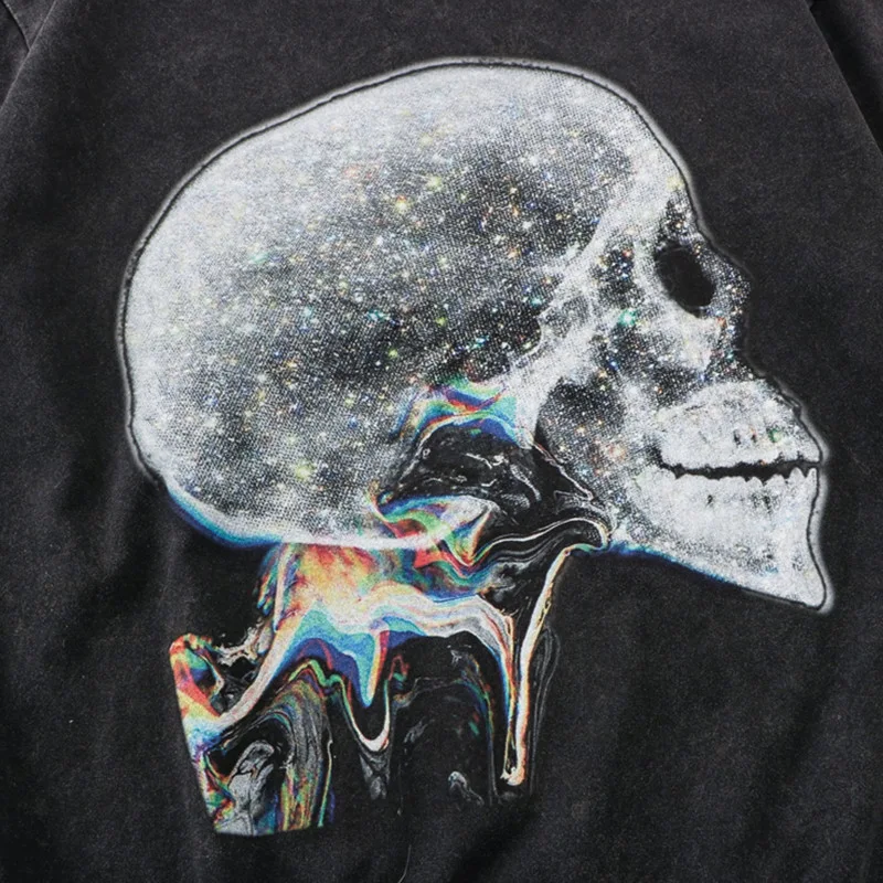 Camiseta com estampa de esqueleto europeu e americano lavada, estilo vintage, para um visual autêntico e confortável, ideal para o dia a dia. — foto 8