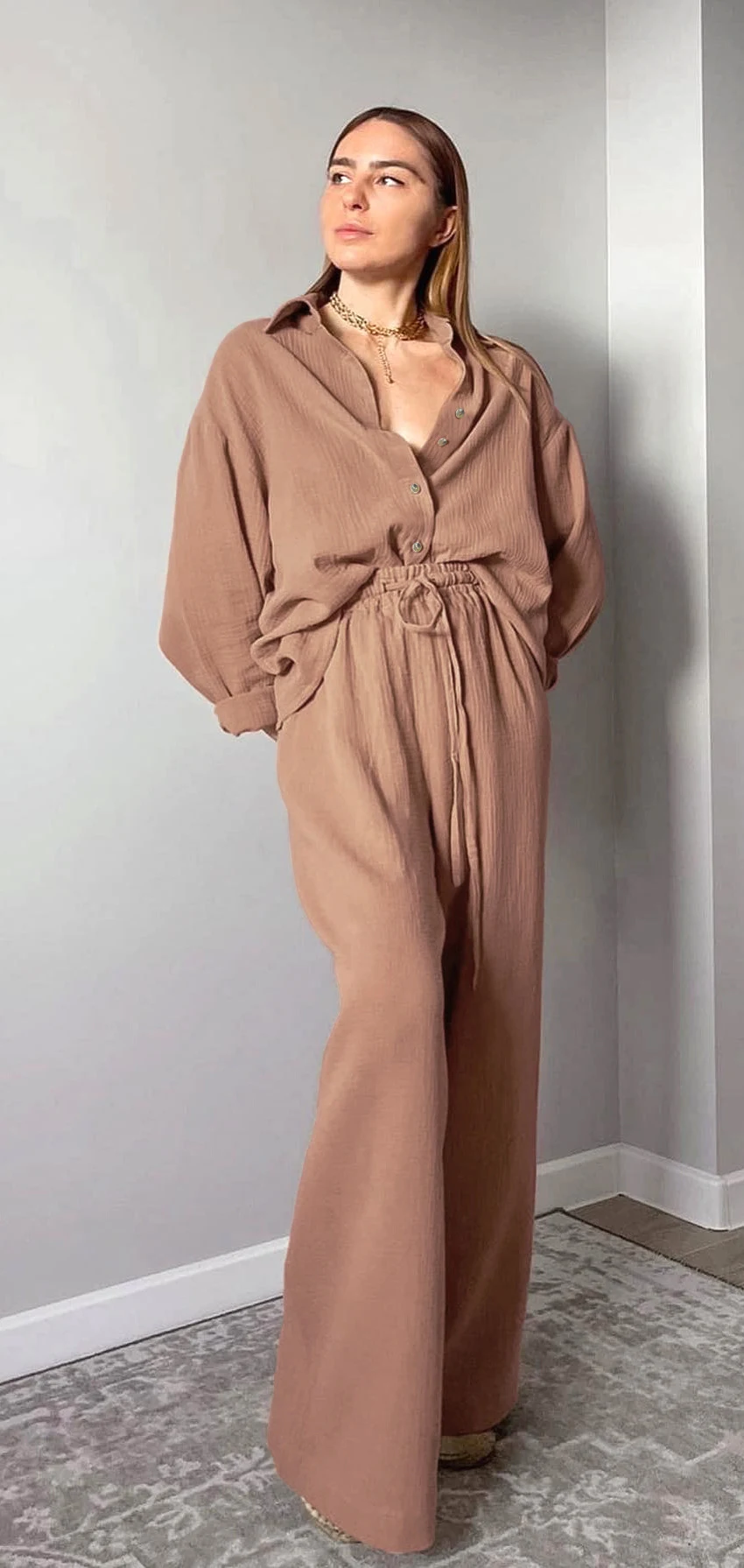 Pijama de camisa de calça de gaze dupla solta calças de manga comprida terno de roupa de casa — foto 27