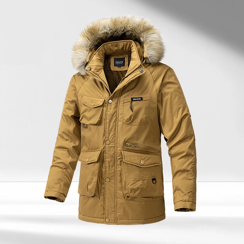 Men's Hooded Cotton-Padded Winter Thickened Washed Overalls Warm Big Fur Collar Coat for Cold Weather. — photo 7
