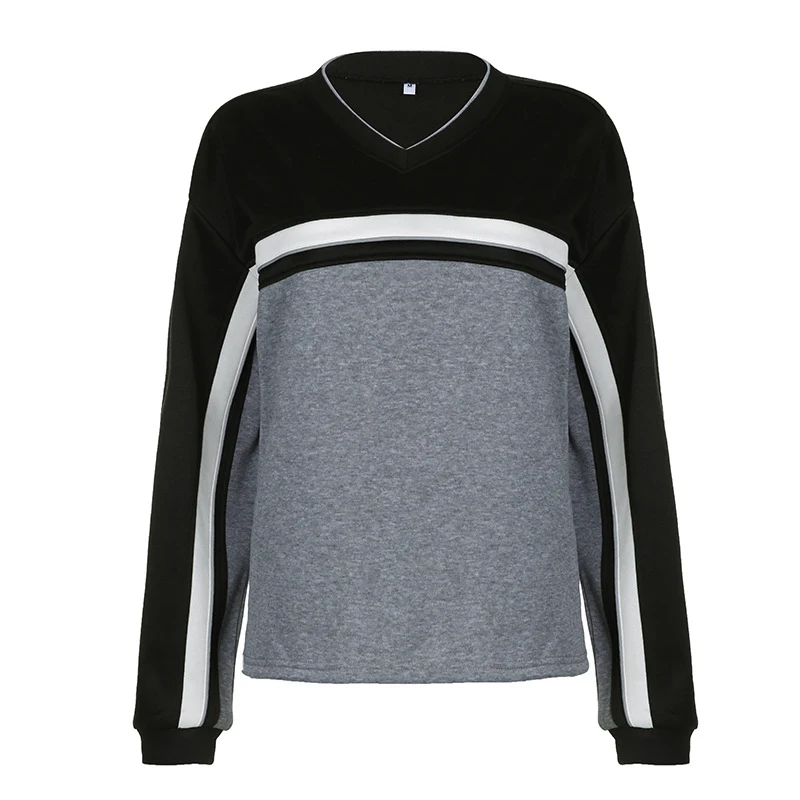 Contrasterende kleur gestreepte stiksels voor dames, klein ontwerp met V-hals, loszittende casual trui voor dames — foto 6