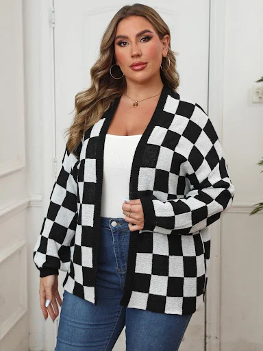 Title 3, Contrast Patchwork Chessboard Plaid Loose Casua...