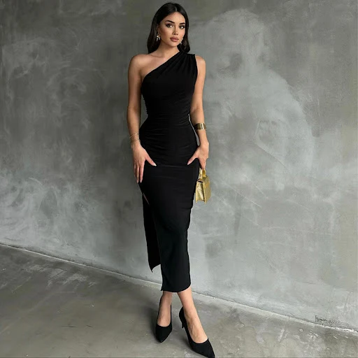 Title 5, One-shoulder Sleeveless Pleated Slit Dress