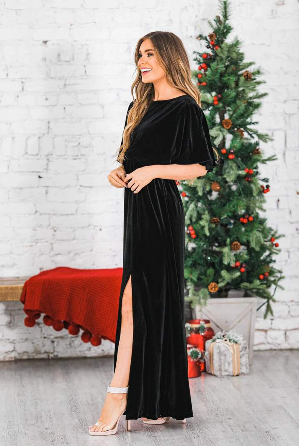 Title 11, Summer Elegant Dress Gold Velvet Round Neck Hig...