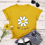 Women's cotton round neck short-sleeved shirt with European and American plant print. Comfortable, breathable, and perfe — photo 5