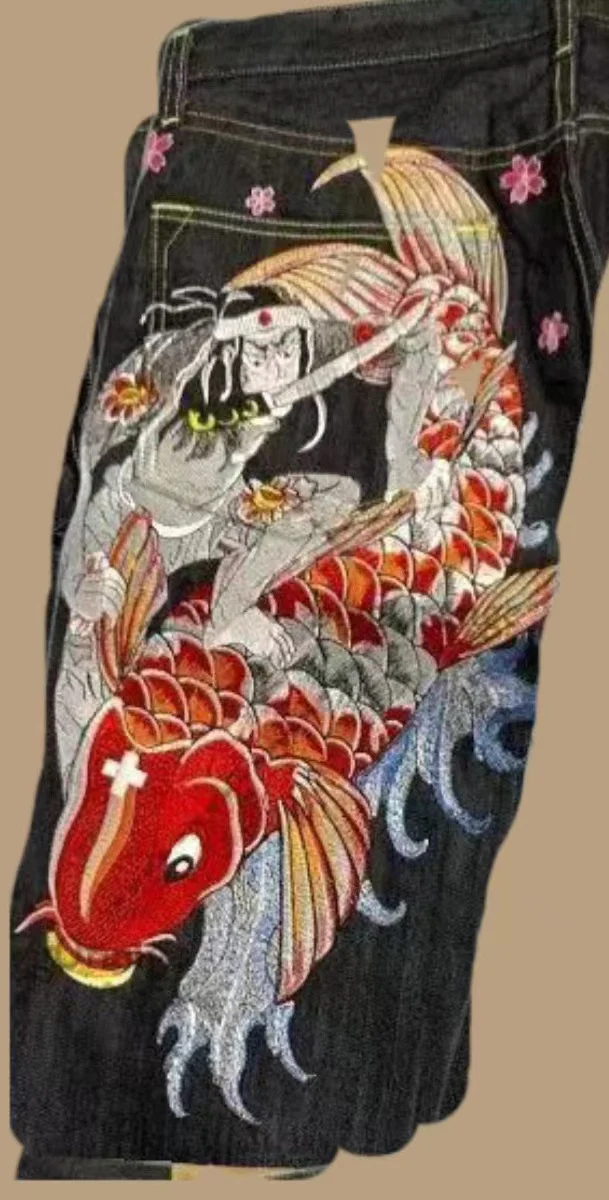 Ukiyo-e bedrukte heren jeans met losse rechte wijde pijpen. Comfortabele broek in Japanse stijl voor een casual en modieuze look. — foto 1
