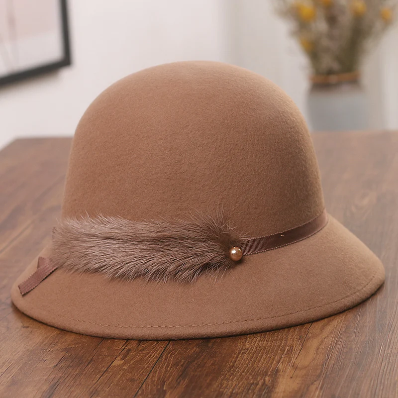Title 5, Womens Mink Fur Decorated Wool Bowler Hat Kore...