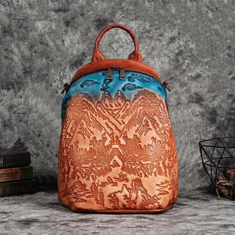 Vintage-Embossed Vegetable Tanned Leather Backpack in Cowhide. Durable and stylish, offering ample space and timeless de — photo 3
