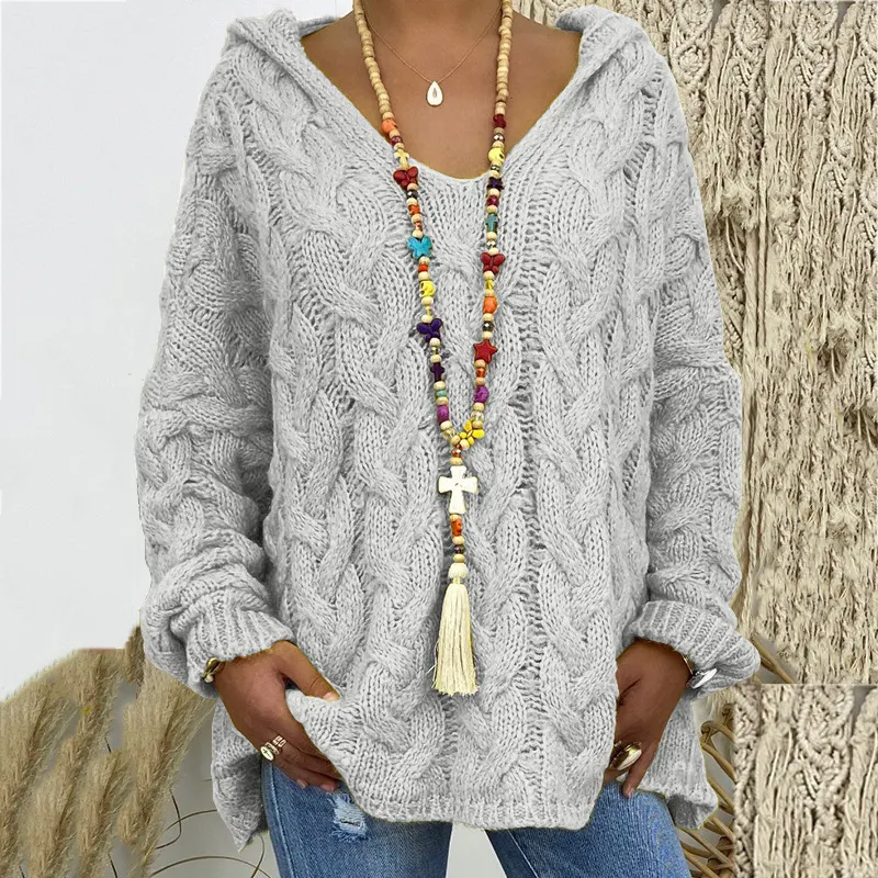 Title 23, Womens Solid Color Twist Knitted Hoodie Sweate...