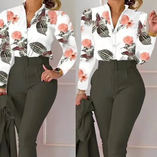 Conjunto feminino de calça e top manga longa estampado com cinto. Look moderno e elegante, perfeito para diversas ocasiões, fácil de combinar e confortável. — foto 3