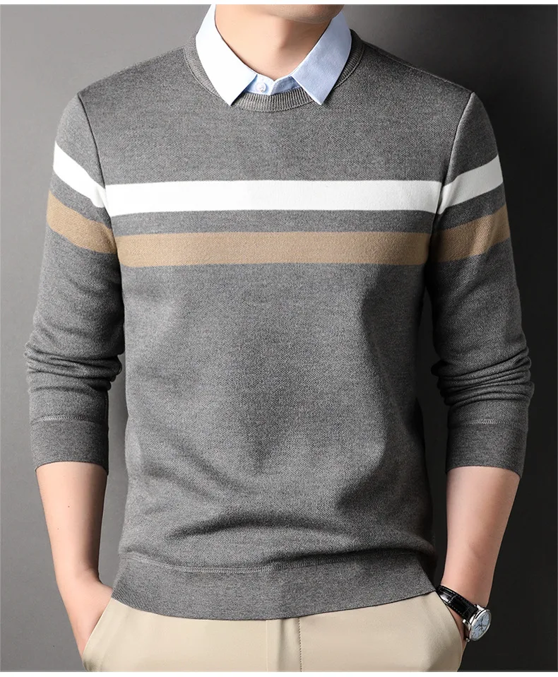 Title 3, Mens False Two Pieces Shirt Collar Striped Swe...