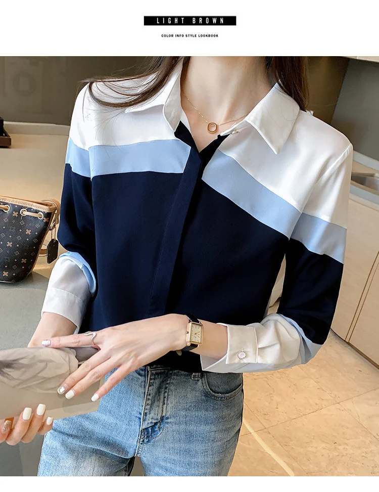 Women's Lapel Contrast Color Slim Fit Long-sleeved Shirt. Achieve a sophisticated look with this comfortable and stylish — photo 10