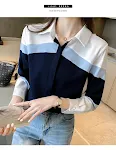 Women's Lapel Contrast Color Slim Fit Long-sleeved Shirt. Achieve a sophisticated look with this comfortable and stylish — photo 10
