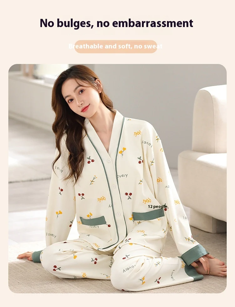 Title 2, Knitted Cotton Womens Cardigan Pajamas Suit Wi...