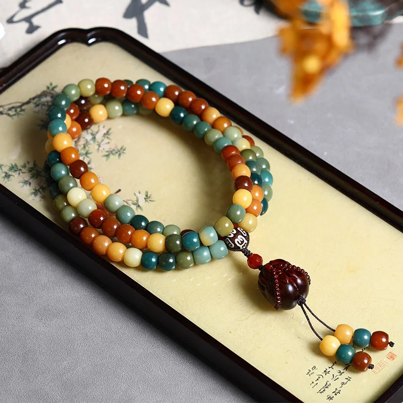 Pulseira Rosário Dunhuang Qitian Duobao Bodhi de 108 contas em madeira de rosa. Perfeita para oração, meditação e bem-estar espiritual. — foto 5