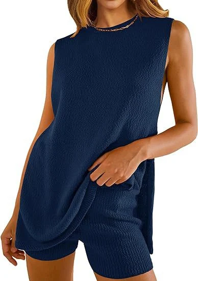 2 pezzi da donna in maglia abito estivo allentato girocollo diviso gilet top e pantaloncini abbigliamento da spiaggia — foto 4