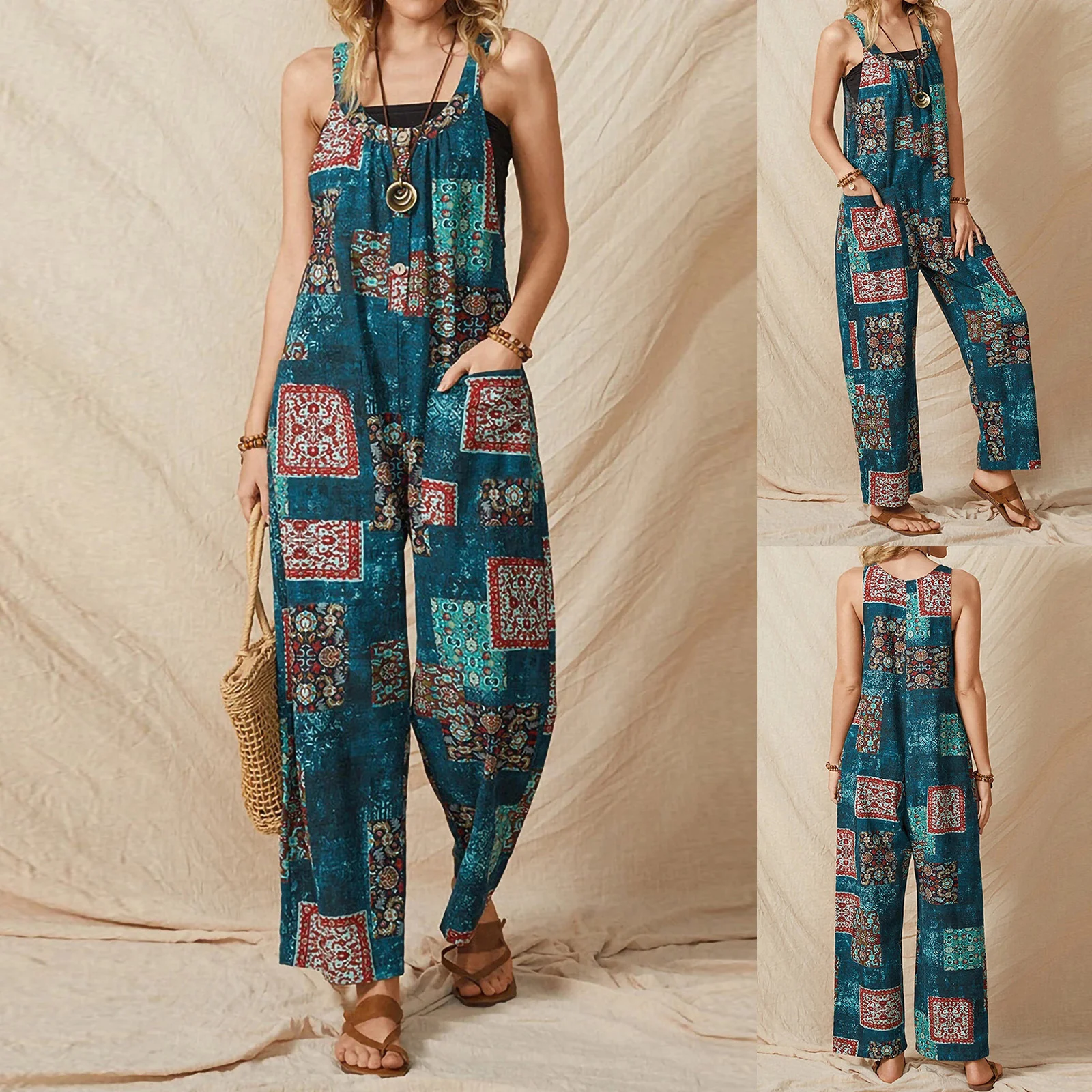 Macacão feminino solto com estampa vintage, bolsos, pernas largas e calças casuais, perfeito para um visual descontraído e estiloso. — foto 6