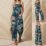 Macacão feminino solto com estampa vintage, bolsos, pernas largas e calças casuais, perfeito para um visual descontraído e estiloso. — foto 6