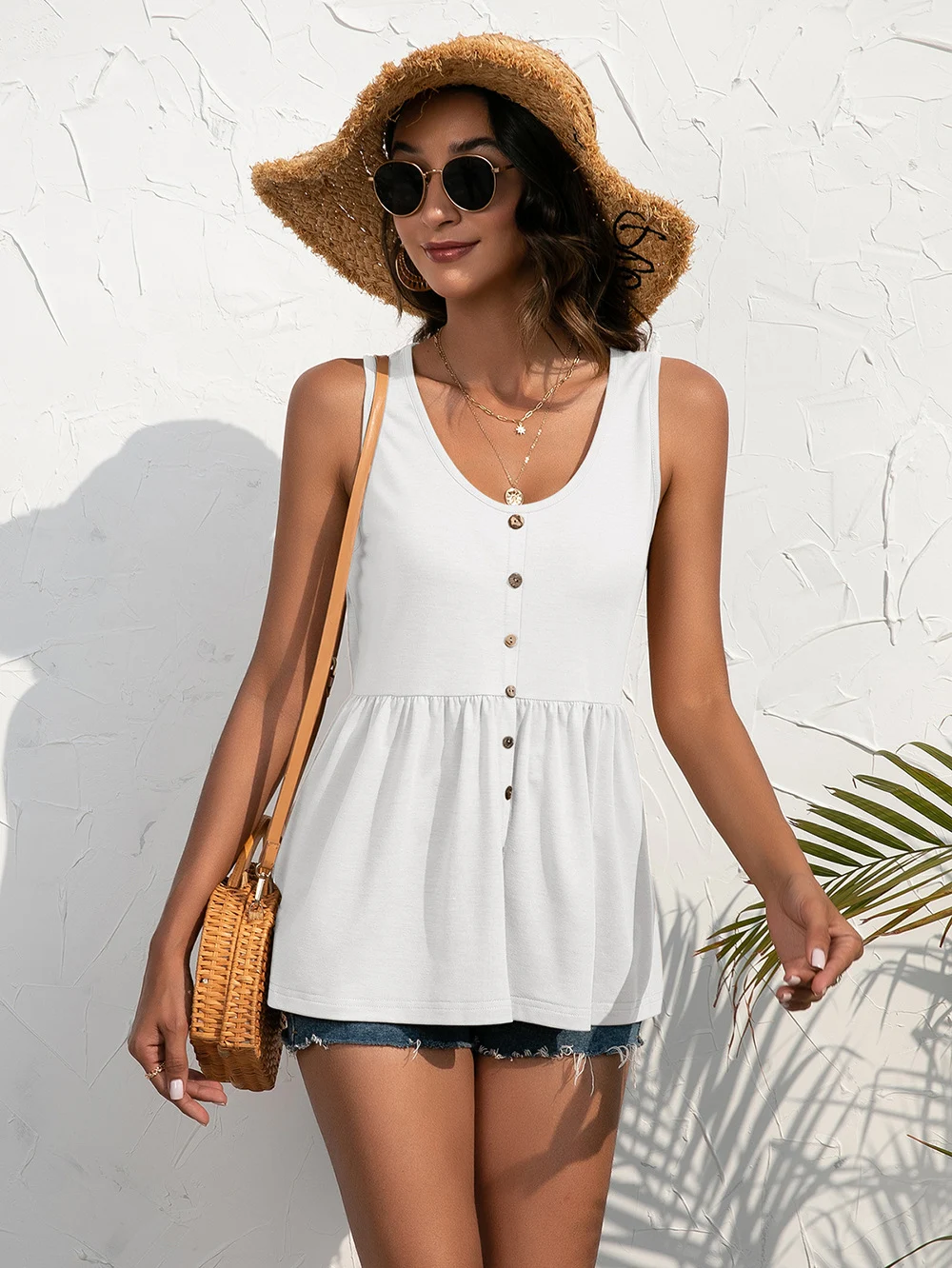 Title 25, T-shirt con scollo a U con bottoni e maniche ar...