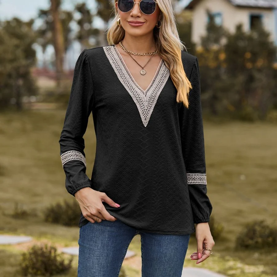 Title 7, Lace V-neck Patchwork Long Sleeve Loose-fitting...