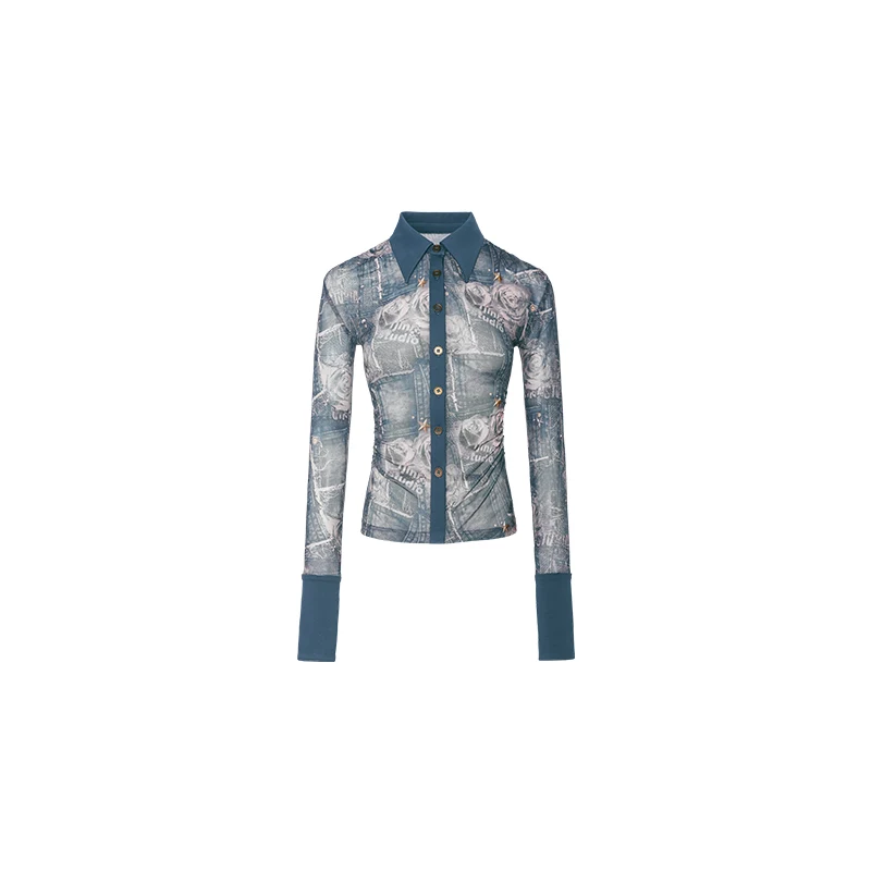 Title 3, Mid-length Printed Mesh Pleated Waist Shirt