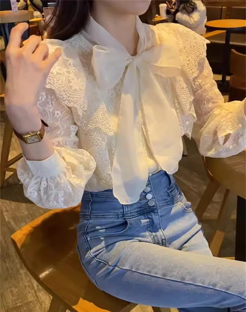 Title 7, Elegant Bow Long Sleeve Lace Shirt for Women. C...