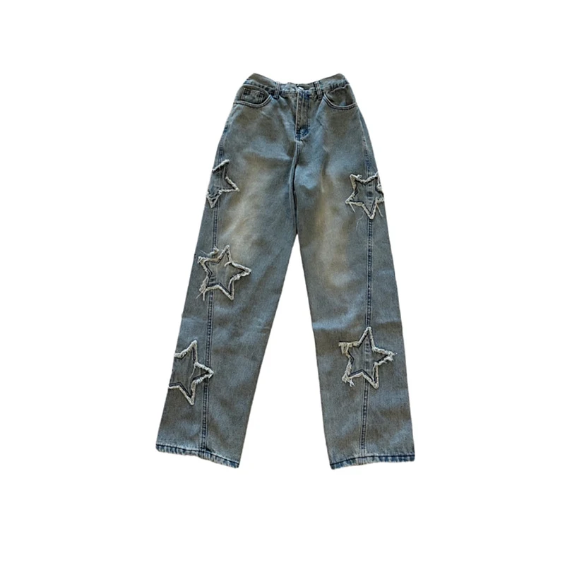 Blue XINGX Embroidered Jeans Women Loose Straight-leg Wide-leg Pants. Comfortable and Stylish. Perfect for Everyday Wear — photo 2