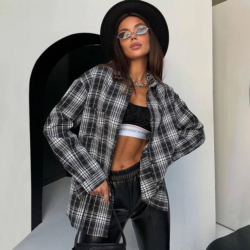 Fashion Stick-on Crystals Loose Plaid Shirt Retro Black And White Plaid Shirt — photo 4