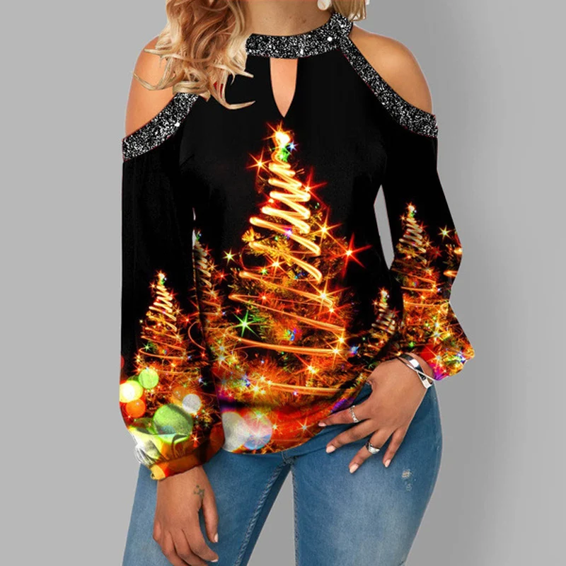 T-shirt da donna natalizia cava a maniche lunghe con bottoni sul collo appeso — foto 5