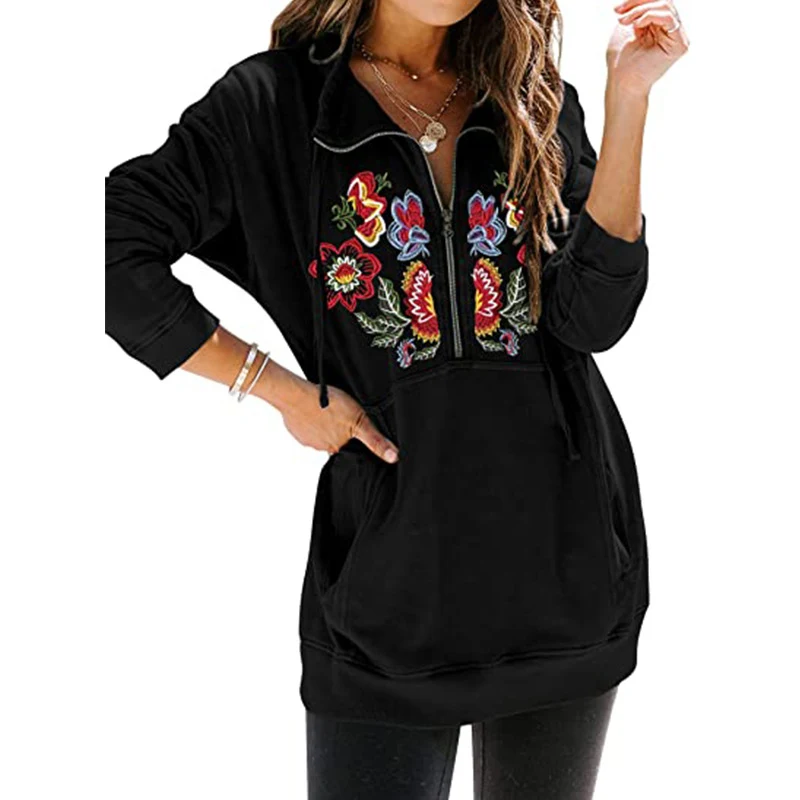 Suéter de mujer de media cremallera con bordado de flores, cuello alzado y bolsillos, largo medio, ideal para un look casual y cómodo. — foto 1