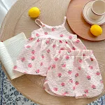 Conjunto de verão para bebê, algodão gaze estampado, top com suspensórios e shorts, macio e confortável. — foto 15