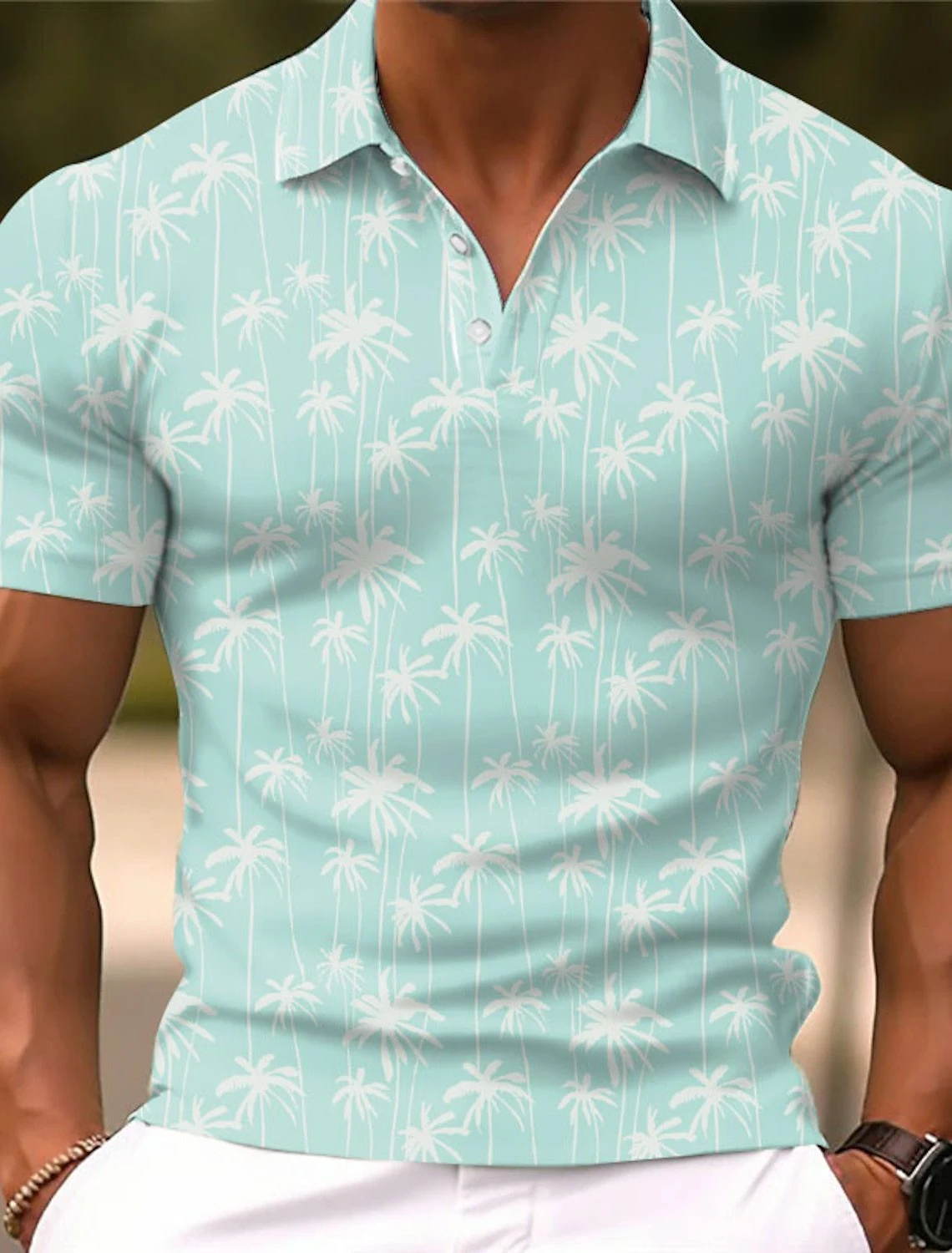 Camiseta masculina com estampa de coqueiro, gola lapela e manga curta, ideal para o verão. Leve e confortável, perfeita para um visual descontraído e estiloso. — foto 5
