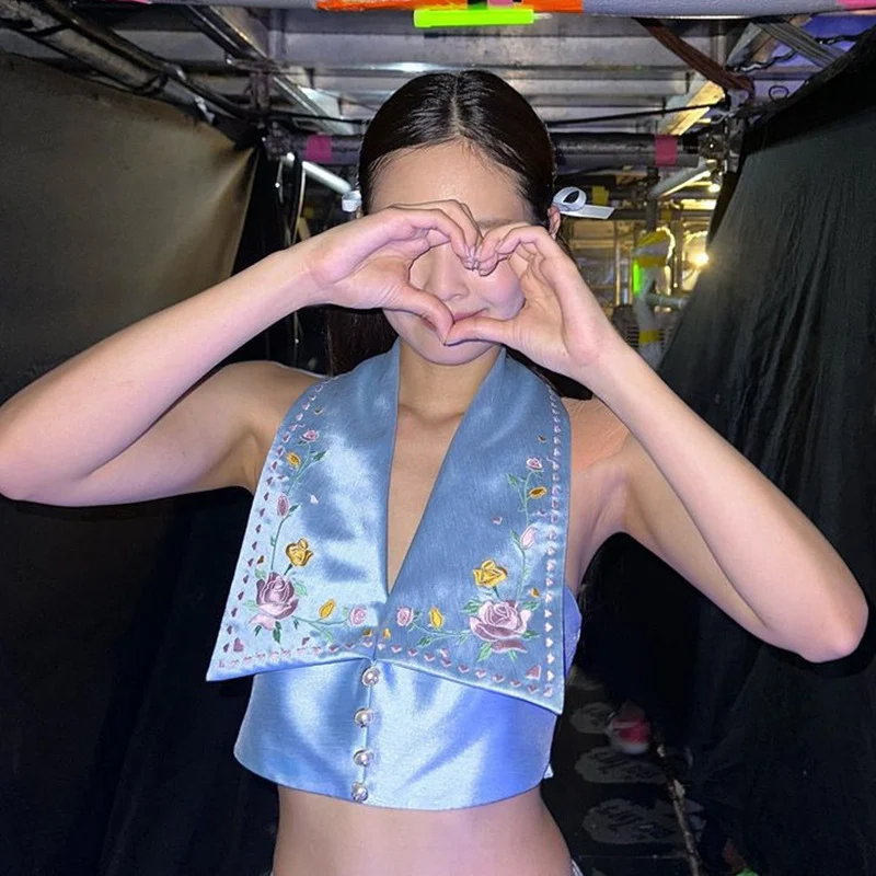 Sexy Hot Girl Lapel Breasted Flower Embroidered Printed Halterneck Vest Female — photo 8