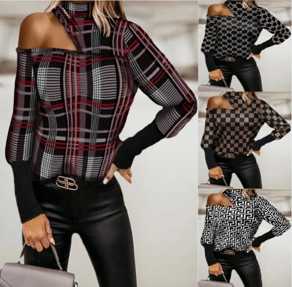 Womens Round Neck Geometric Print Leaky Shoulder Long Sleeved Shirt — photo 1