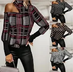 Womens Round Neck Geometric Print Leaky Shoulder Long Sleeved Shirt — photo 1