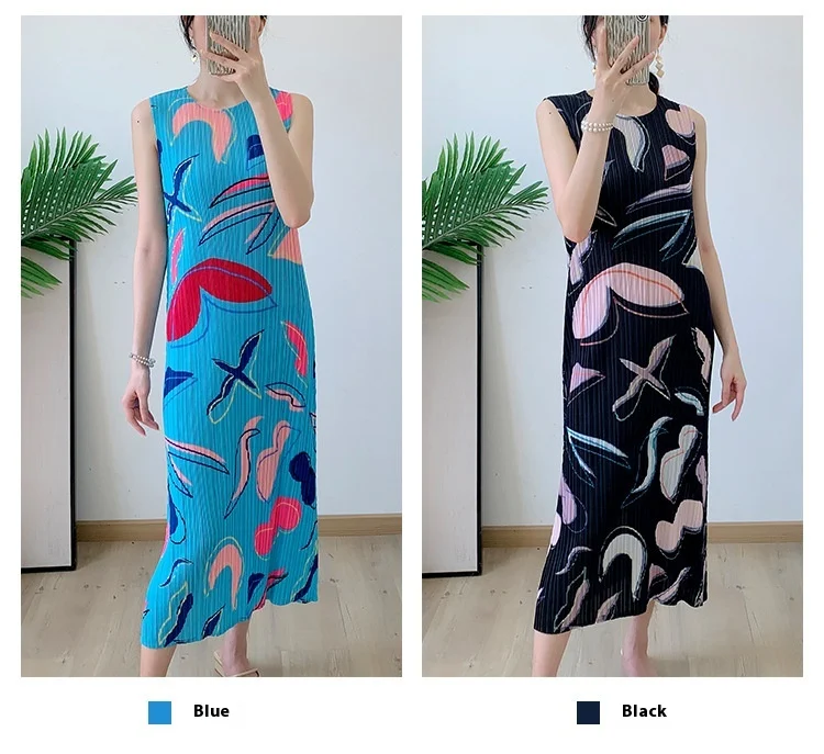 Geplooide Franse elegante mouwloze stretchjurk met print — foto 2