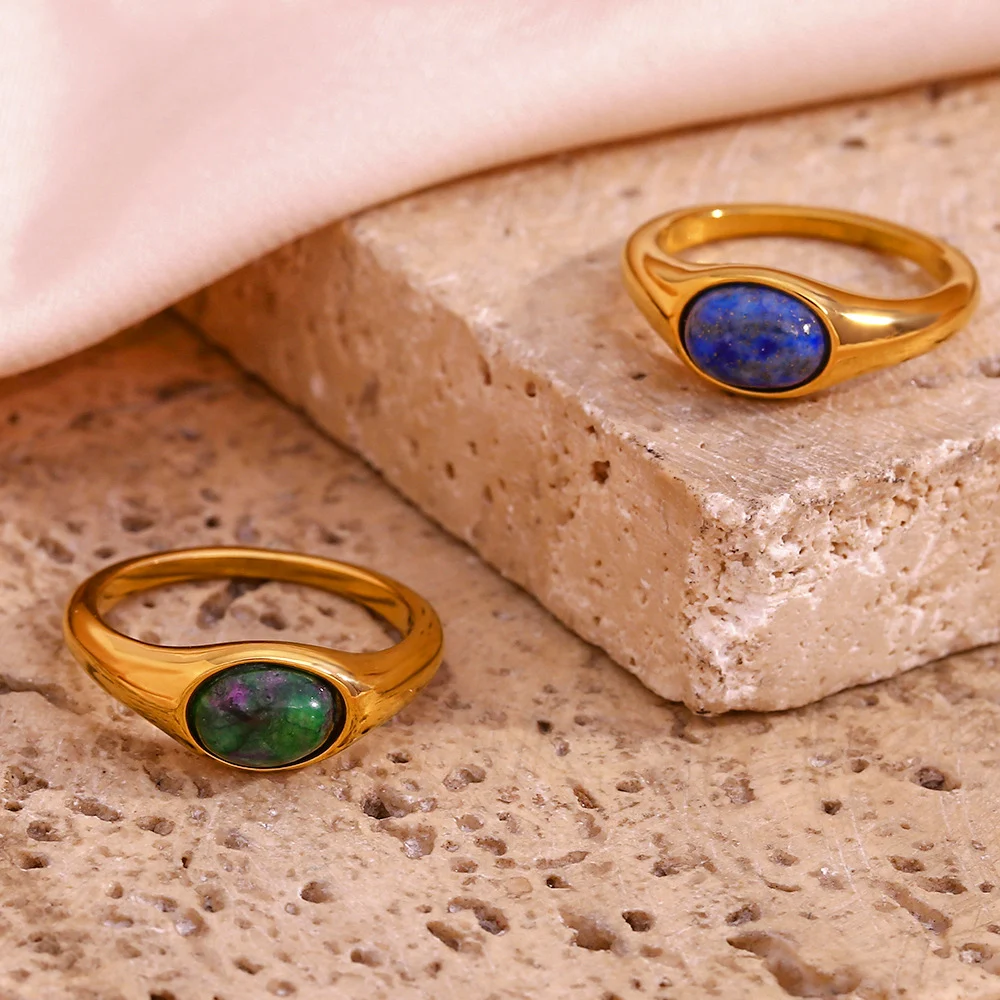 Title 4, Anel oval de pedra natural banhado a ouro 18K e...